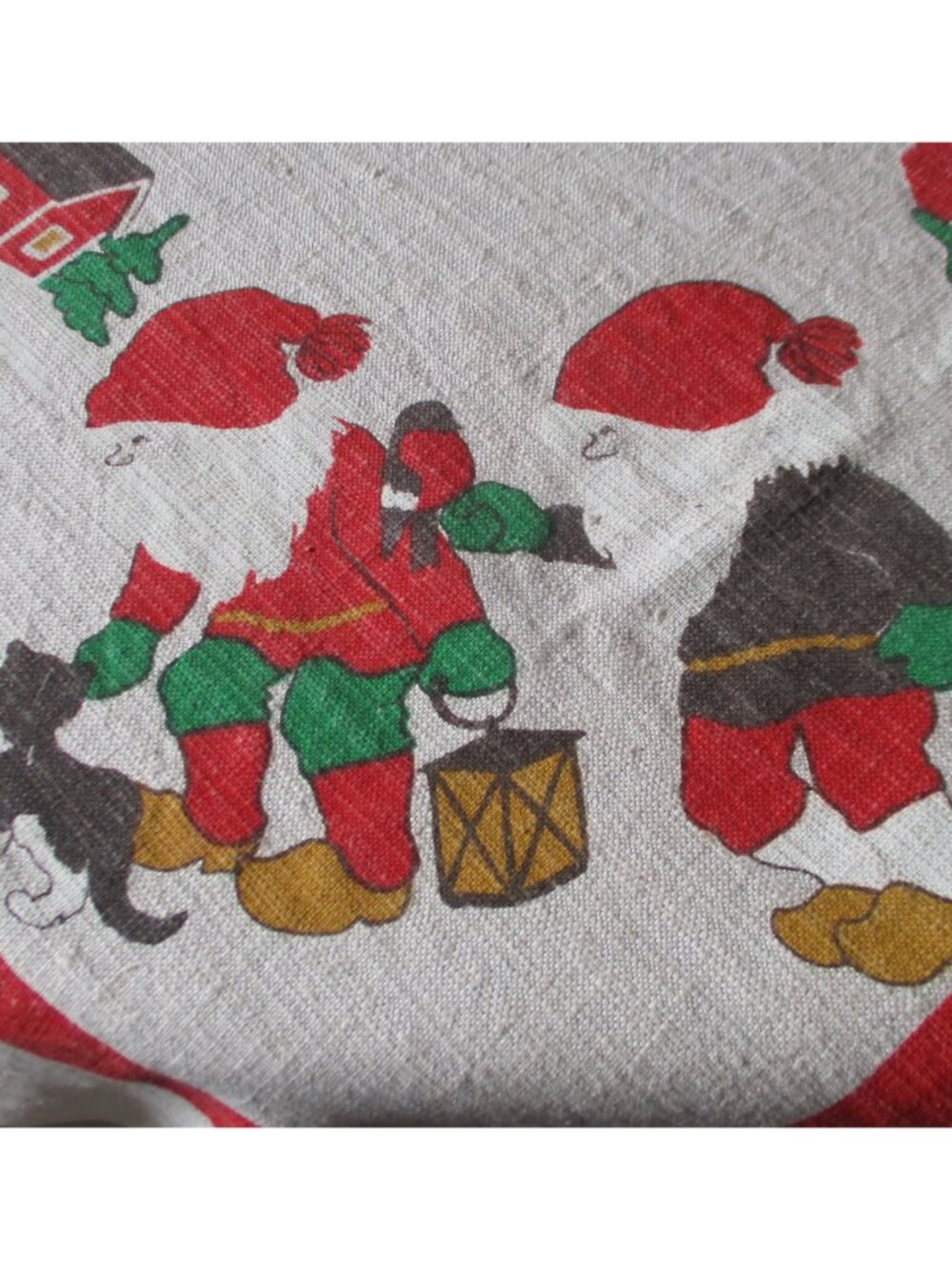 Vtg Christmas Tablecloth Elves Bells Poinsettias Linen, 23.5 in. Square - Picture 7 of 8